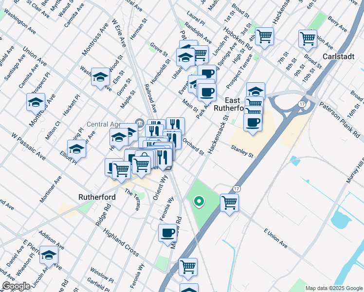 map of restaurants, bars, coffee shops, grocery stores, and more near 228 Park Avenue in East Rutherford