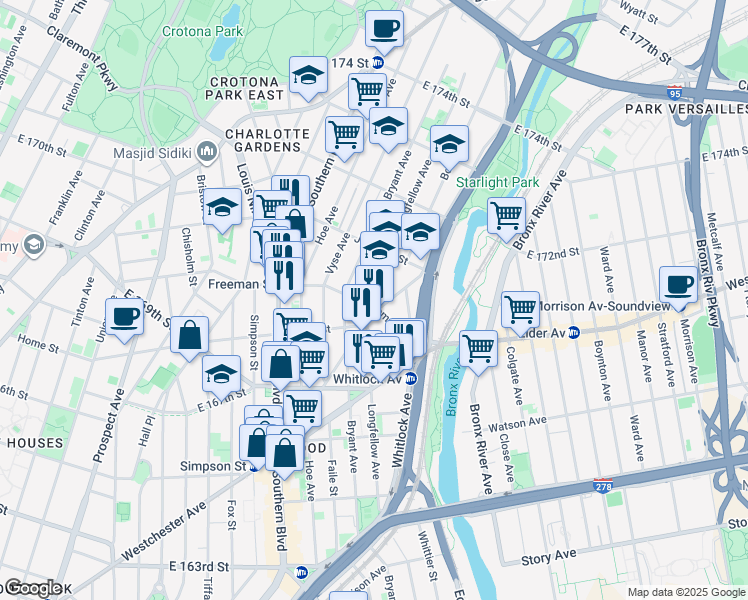 map of restaurants, bars, coffee shops, grocery stores, and more near 1406 Bryant Avenue in Bronx