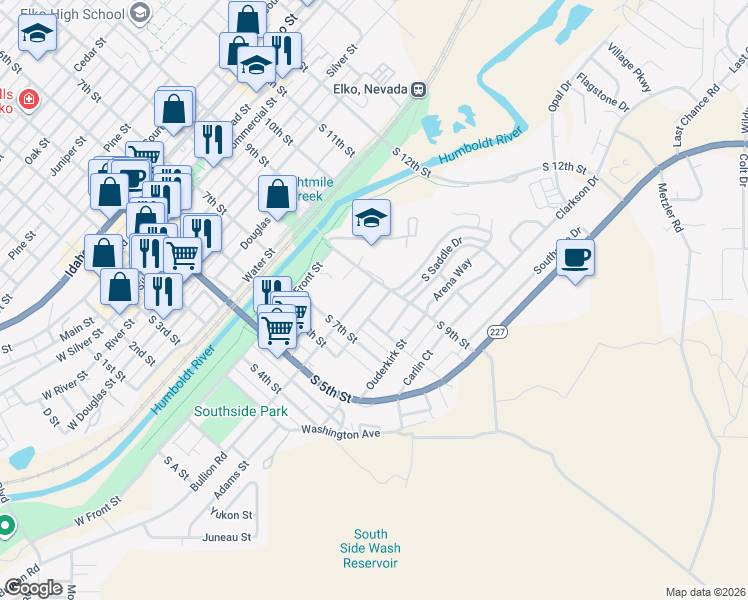 map of restaurants, bars, coffee shops, grocery stores, and more near 512 South 9th Street in Elko