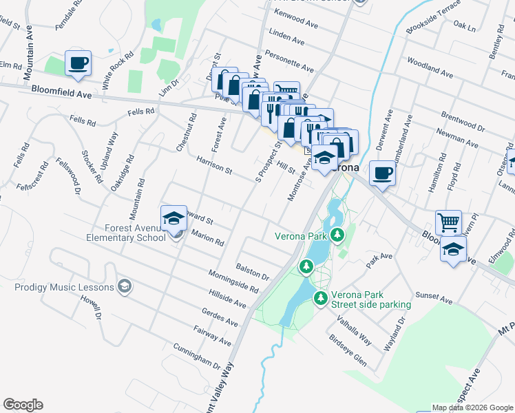 map of restaurants, bars, coffee shops, grocery stores, and more near 18 Meadow Lane in Verona