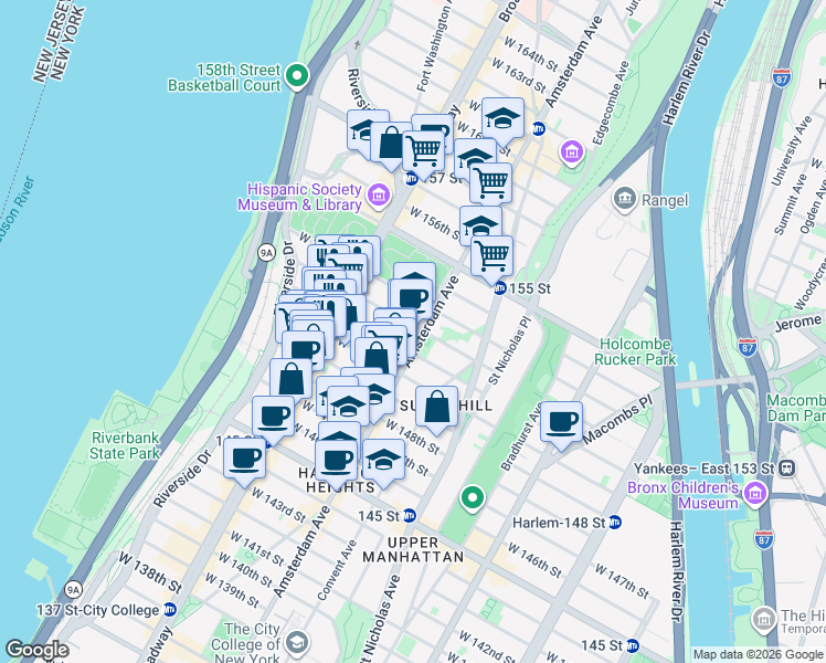 map of restaurants, bars, coffee shops, grocery stores, and more near 520 West 152nd Street in New York