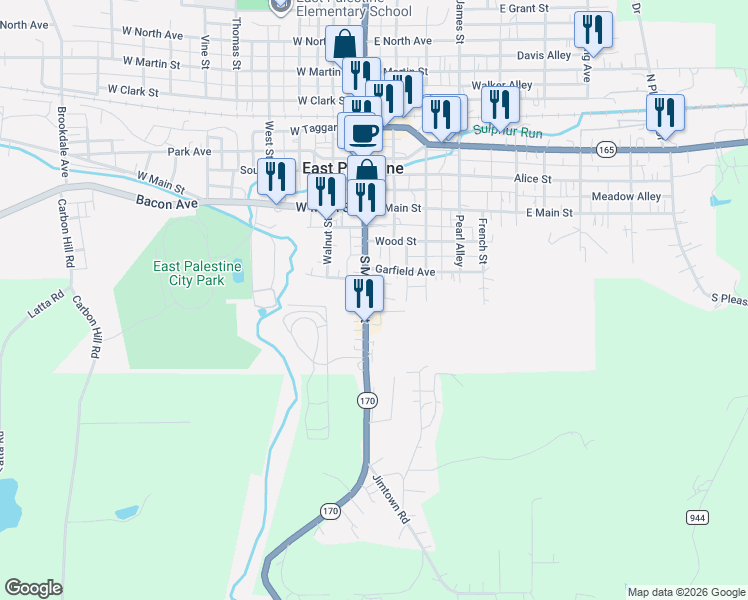 map of restaurants, bars, coffee shops, grocery stores, and more near 202 South Market Street in East Palestine