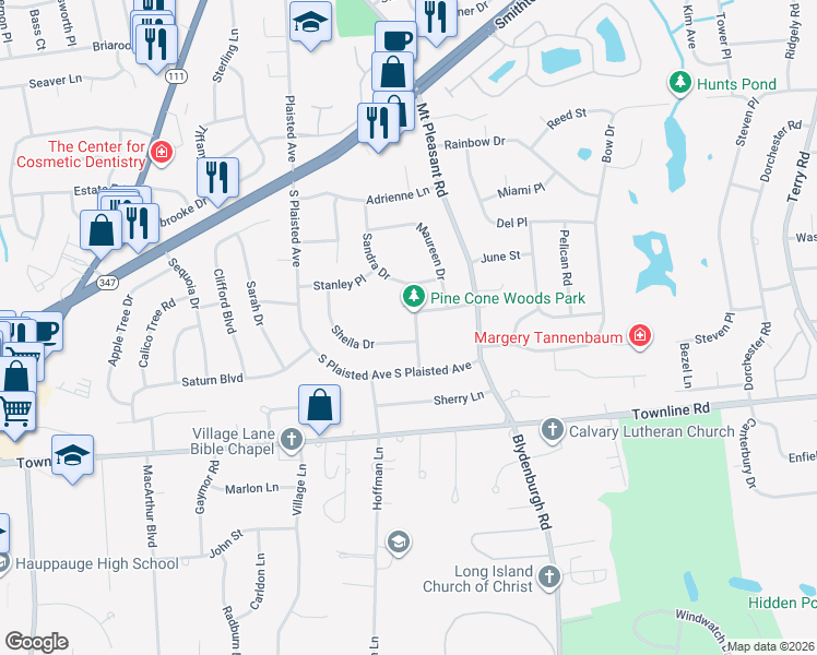 map of restaurants, bars, coffee shops, grocery stores, and more near 12 Garvey Drive in Hauppauge