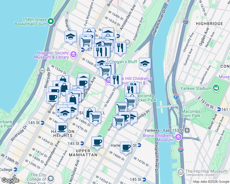 map of restaurants, bars, coffee shops, grocery stores, and more near 80 Saint Nicholas Place in New York