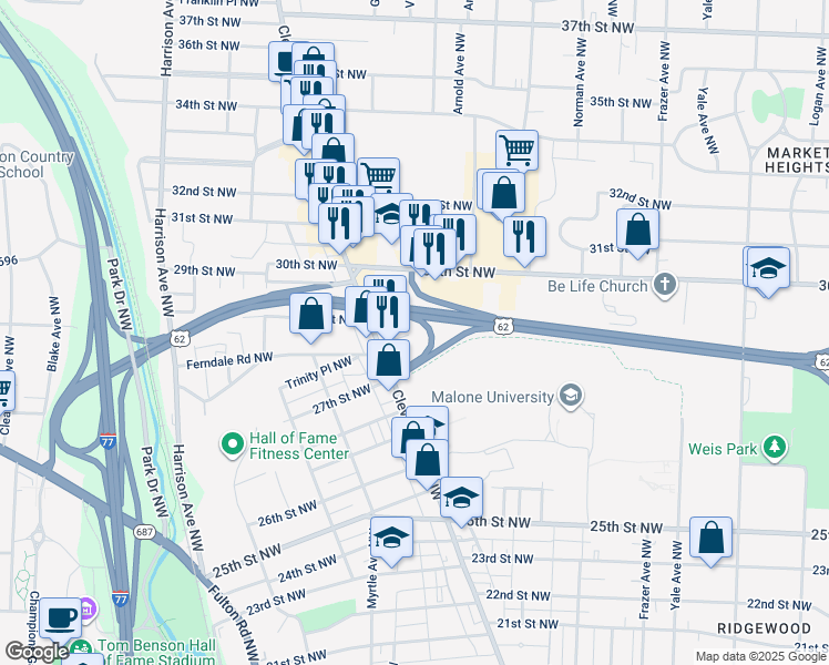 map of restaurants, bars, coffee shops, grocery stores, and more near 1300 Christmas Seal Drive Northwest in Canton