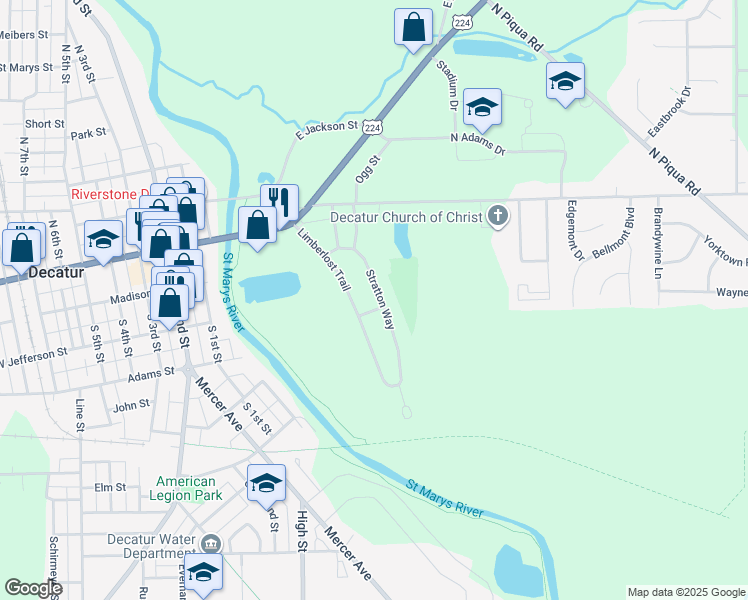map of restaurants, bars, coffee shops, grocery stores, and more near 315 Stratton Way in Decatur