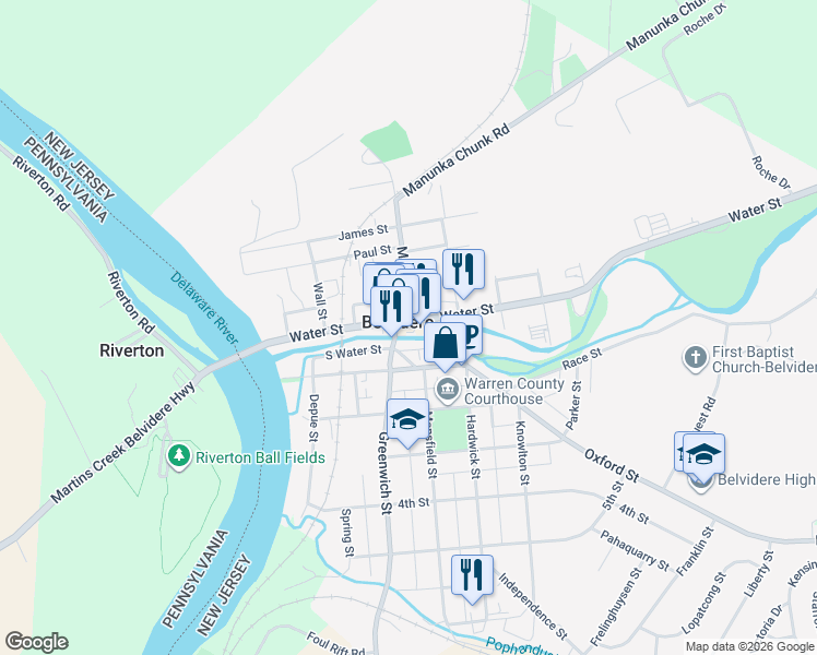 map of restaurants, bars, coffee shops, grocery stores, and more near 306 Water Street in Belvidere