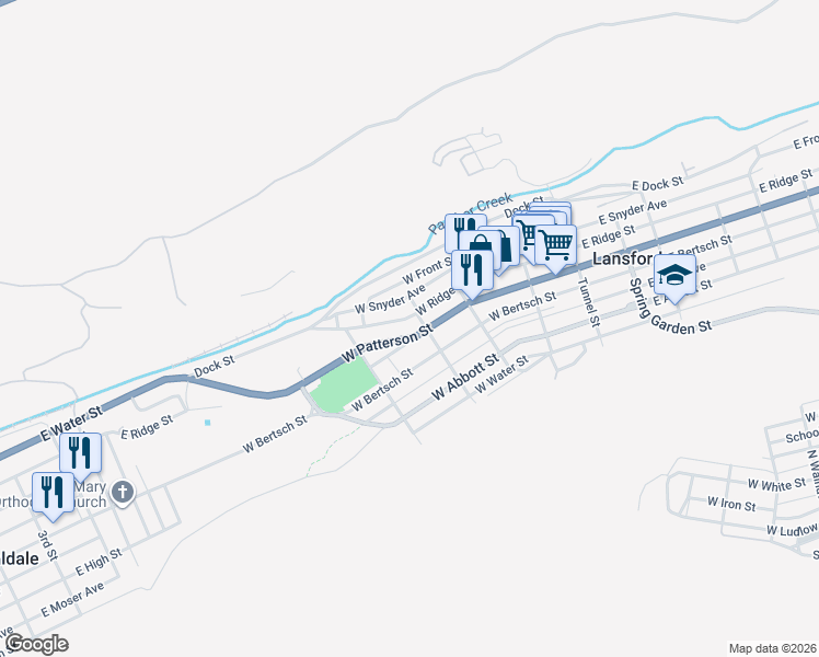 map of restaurants, bars, coffee shops, grocery stores, and more near 304 West Ridge Street in Lansford