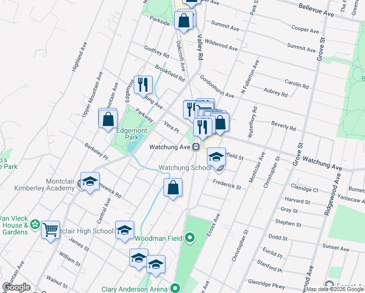 map of restaurants, bars, coffee shops, grocery stores, and more near in Montclair
