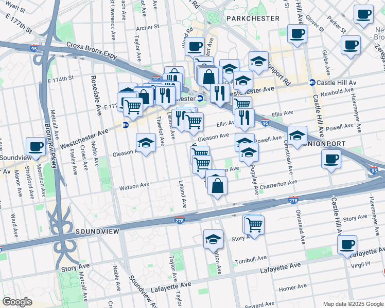 map of restaurants, bars, coffee shops, grocery stores, and more near 1157 White Plains Road in Bronx