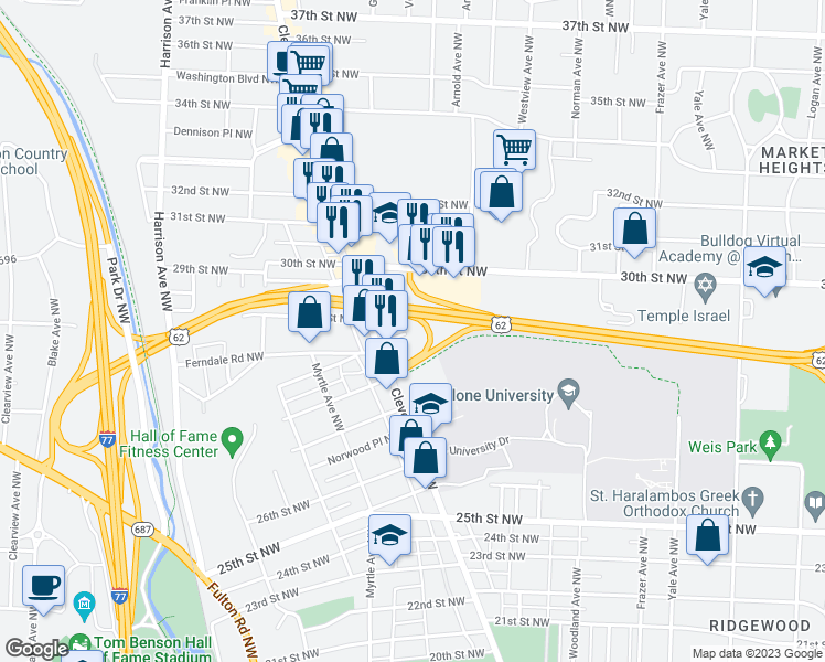 map of restaurants, bars, coffee shops, grocery stores, and more near 1300 Christmas Seal Drive Northwest in Canton
