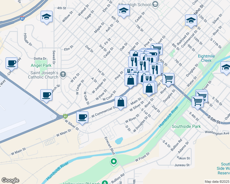 map of restaurants, bars, coffee shops, grocery stores, and more near 140 West Court Street in Elko