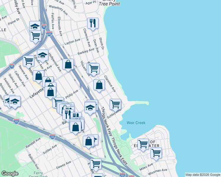 map of restaurants, bars, coffee shops, grocery stores, and more near 714 Clarence Avenue in Bronx