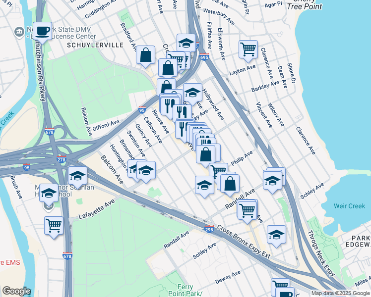 map of restaurants, bars, coffee shops, grocery stores, and more near 3557 East Tremont Avenue in The Bronx