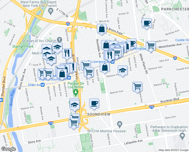 map of restaurants, bars, coffee shops, grocery stores, and more near 1700 Wchester Avenue in Bronx