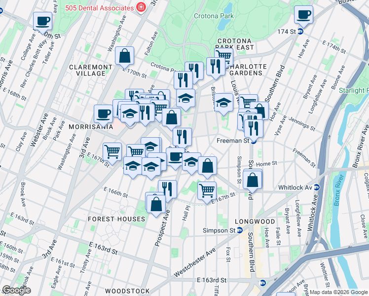 map of restaurants, bars, coffee shops, grocery stores, and more near 1347 Prospect Avenue in Bronx