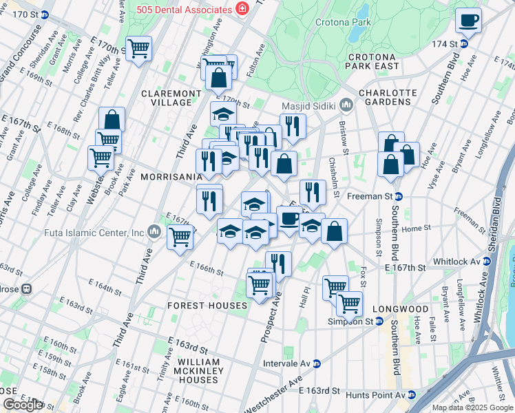 map of restaurants, bars, coffee shops, grocery stores, and more near 1225 Tinton Avenue in The Bronx