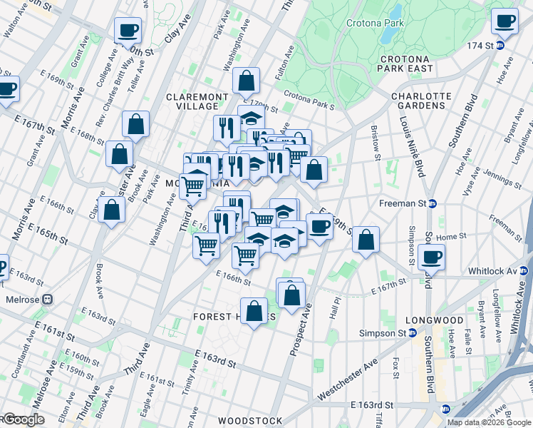 map of restaurants, bars, coffee shops, grocery stores, and more near 1225 Boston Road in Bronx