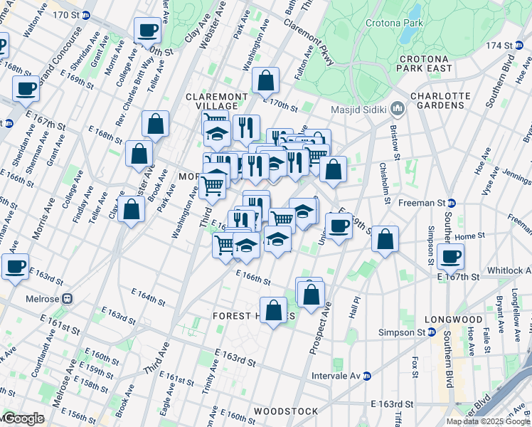 map of restaurants, bars, coffee shops, grocery stores, and more near 1208 Franklin Avenue in Bronx
