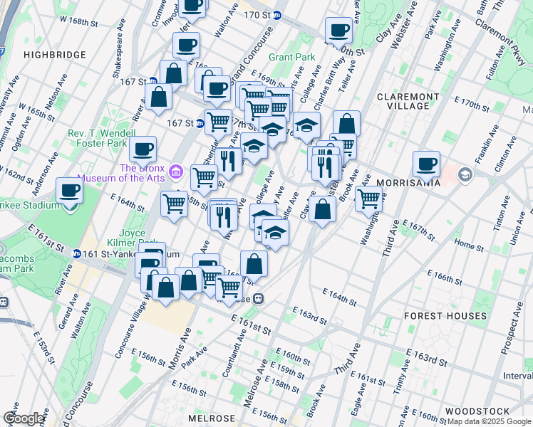 map of restaurants, bars, coffee shops, grocery stores, and more near 318 East 166th Street in The Bronx
