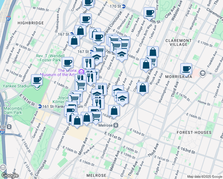 map of restaurants, bars, coffee shops, grocery stores, and more near 1040 Morris Avenue in The Bronx