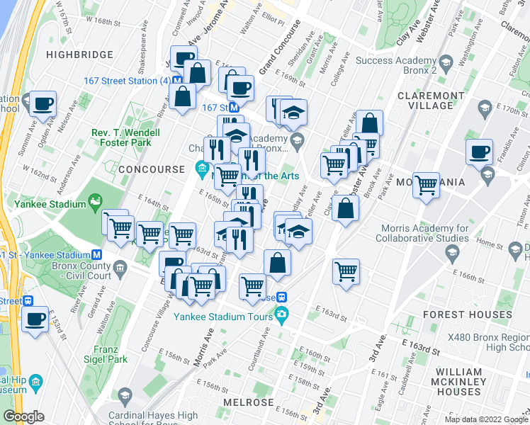 map of restaurants, bars, coffee shops, grocery stores, and more near 1064 Morris Avenue in Bronx