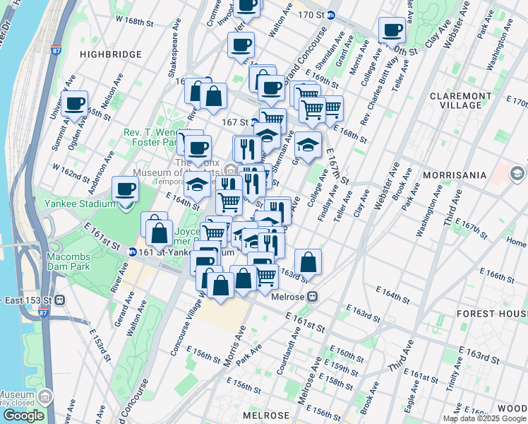 map of restaurants, bars, coffee shops, grocery stores, and more near 214 East 165th Street in Bronx