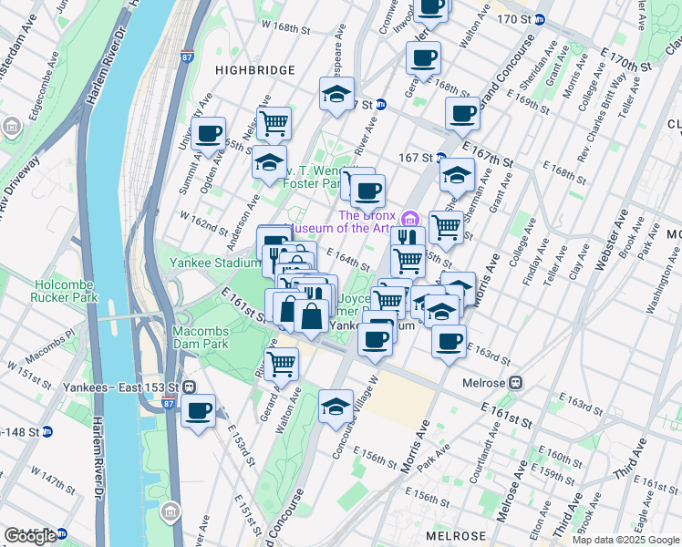 map of restaurants, bars, coffee shops, grocery stores, and more near 990 Gerard Avenue in The Bronx