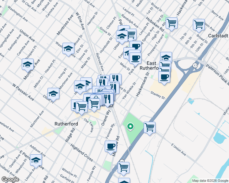 map of restaurants, bars, coffee shops, grocery stores, and more near 227 Park Avenue in East Rutherford