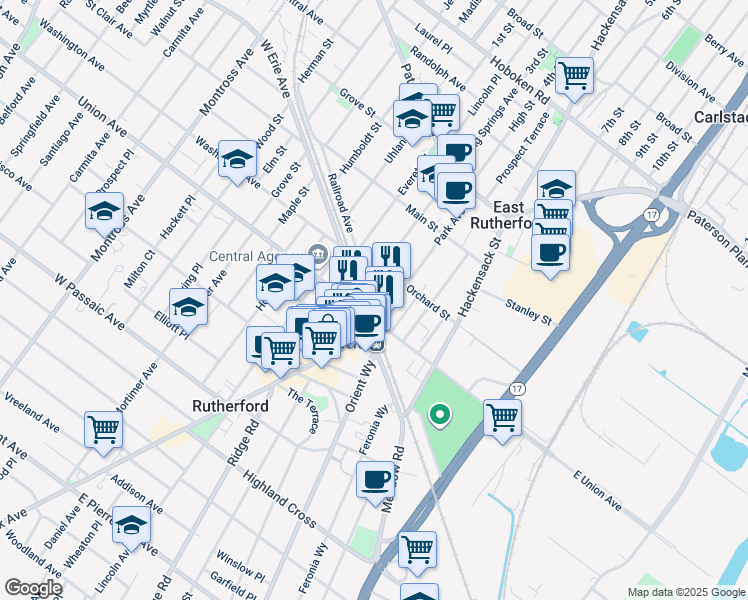 map of restaurants, bars, coffee shops, grocery stores, and more near 17 West Erie Avenue in Rutherford