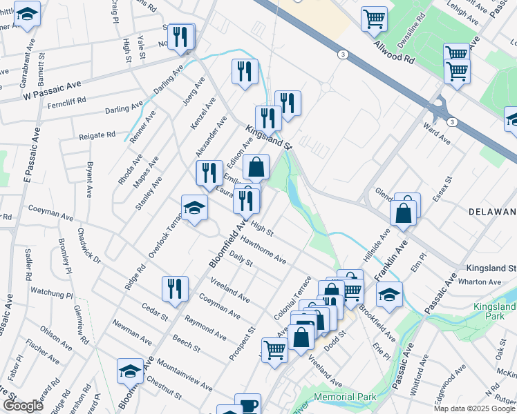 map of restaurants, bars, coffee shops, grocery stores, and more near 35 Funston Place in Nutley