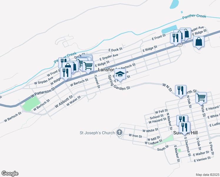 map of restaurants, bars, coffee shops, grocery stores, and more near 44 East Water Street in Lansford