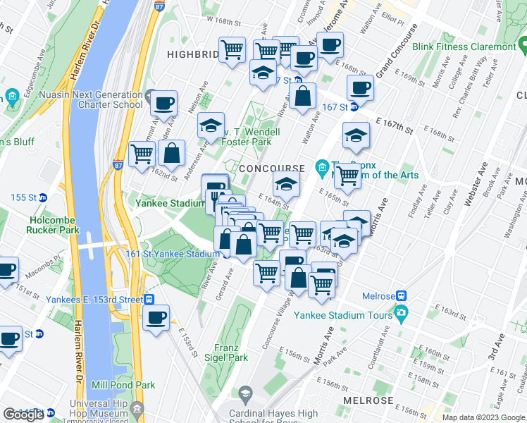map of restaurants, bars, coffee shops, grocery stores, and more near 975 Walton Avenue in Bronx