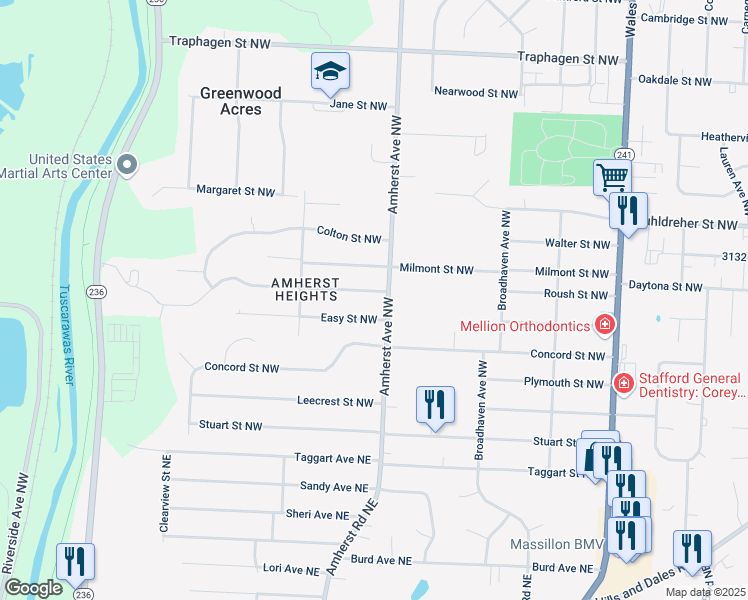 map of restaurants, bars, coffee shops, grocery stores, and more near 8631 Ontario Street Northwest in Massillon