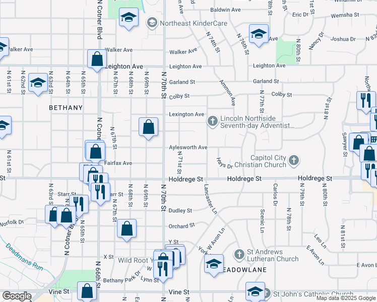 map of restaurants, bars, coffee shops, grocery stores, and more near 7135 Aylesworth Avenue in Lincoln
