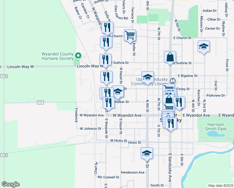 map of restaurants, bars, coffee shops, grocery stores, and more near 390 West Walker Street in Upper Sandusky