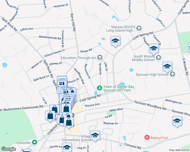 map of restaurants, bars, coffee shops, grocery stores, and more near 6 Laurel Lane in Syosset