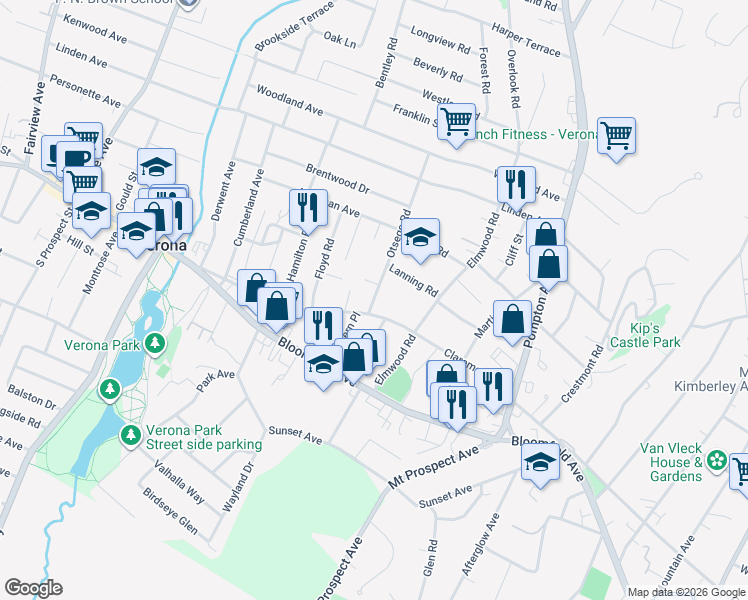 map of restaurants, bars, coffee shops, grocery stores, and more near 212 Claremont Avenue in Verona