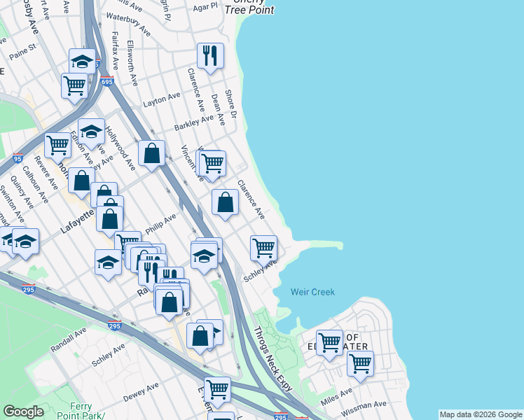 map of restaurants, bars, coffee shops, grocery stores, and more near 3255 Randall Avenue in The Bronx