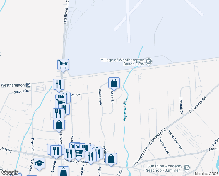map of restaurants, bars, coffee shops, grocery stores, and more near 13 Adam Lane in Westhampton Beach