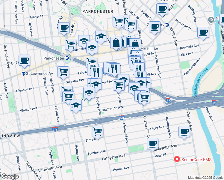 map of restaurants, bars, coffee shops, grocery stores, and more near 1117 Olmstead Avenue in The Bronx