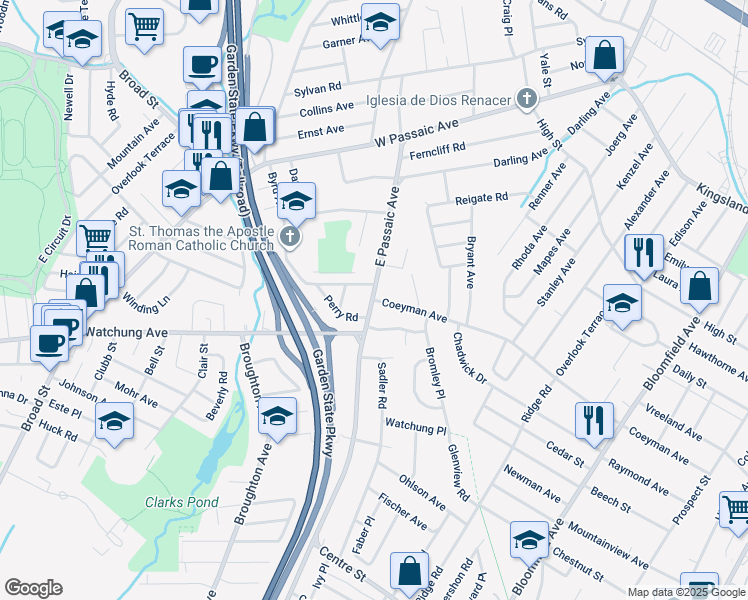map of restaurants, bars, coffee shops, grocery stores, and more near 1 Coeyman Avenue in Bloomfield