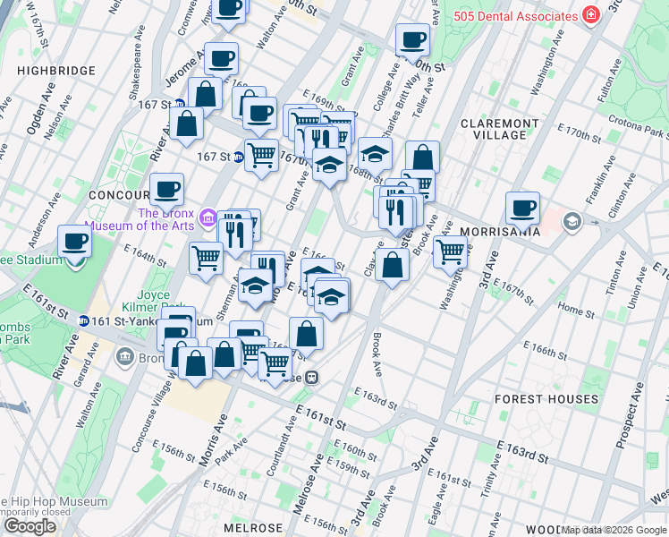 map of restaurants, bars, coffee shops, grocery stores, and more near 320 East 166th Street in Bronx
