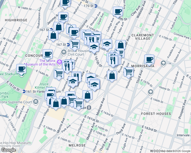map of restaurants, bars, coffee shops, grocery stores, and more near 320 East 166th Street in Bronx