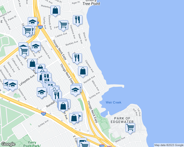 map of restaurants, bars, coffee shops, grocery stores, and more near 711 Clarence Avenue in The Bronx
