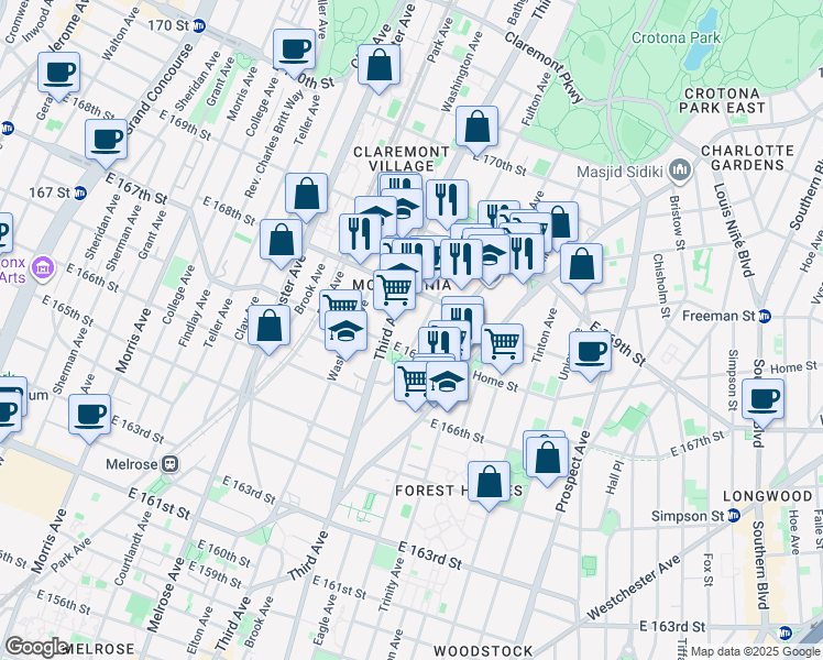 map of restaurants, bars, coffee shops, grocery stores, and more near 1194 Fulton Avenue in Bronx
