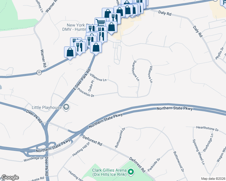 map of restaurants, bars, coffee shops, grocery stores, and more near 25 Princeton Drive in Dix Hills