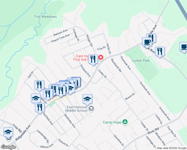 map of restaurants, bars, coffee shops, grocery stores, and more near 5 Orchard Place in East Hanover