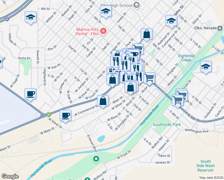 map of restaurants, bars, coffee shops, grocery stores, and more near 200 Idaho Street in Elko