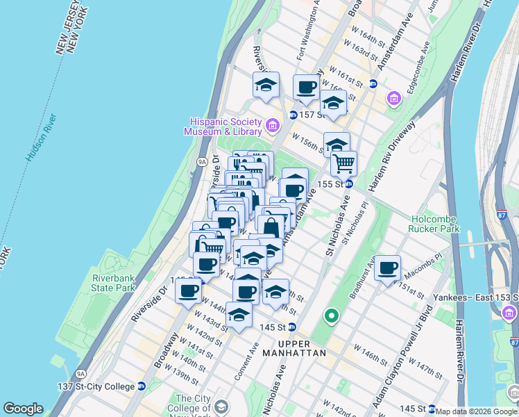map of restaurants, bars, coffee shops, grocery stores, and more near 528 West 151st Street in New York